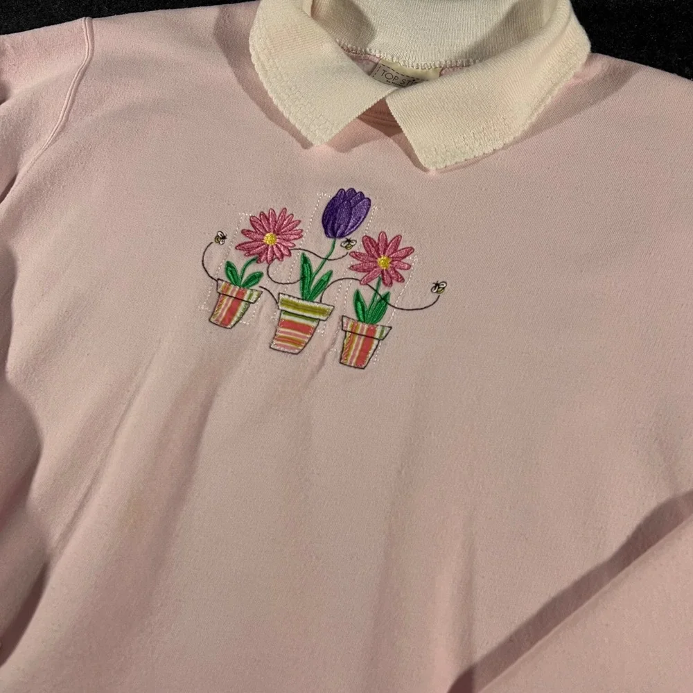 Top Stitch Morning Sun Sweatshirt Womens M Pink Floral Embroidered Vintage 90s